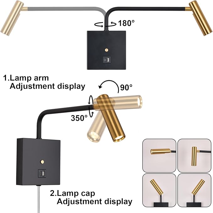 ZEROUNO LED Wall Lamp Wall Mounted Reading Lights, Dimmable Adjustable Headboard Plug in Wall Sconce with USB C+A Ports, Indoor LED Wall Lighting for Bedroom Bedside 3000K (Black)