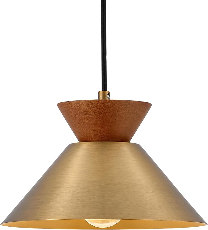 ELYONA Vintage Pendant Light for Kitchen Island, 10" Solid Wood Hanging Lamp with Brushed Brass Metal Shade & Gold Inner Finish, Mid Century Pendant Light Fixtures for Dining Room Bedroom Living Room