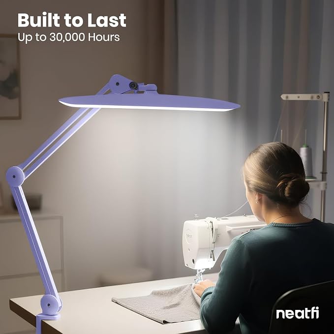 Neatfi XL 2200 Lumens 24W LED Desk Lamp – Shadow-Free Task Lighting | 4-Level Dimming | Home Office & Crafts Use | 20-Inch Wide Head (Lavender, Non-CCT with Clamp)