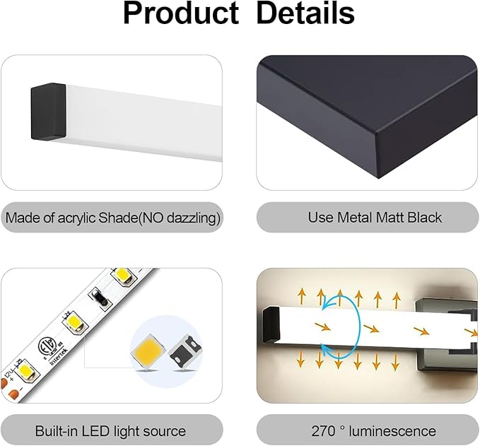 LED Bathroom Vanity Light Cool White 5000K Black Modern Matte Bathroom Lighting Fixtures; 40 Inch IP44 40W Equivalent to Incandescent 350W for Over Mirror Vanity Light - ETL Listed (1 Pack)