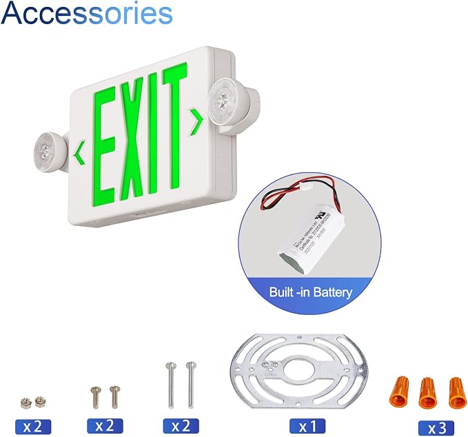 TANLUX Green Exit Sign With Emergency Lights, LED Light With Battery Backup, UL Listed, AC 120/277V, Commercial Combo for Business - 2 Pack