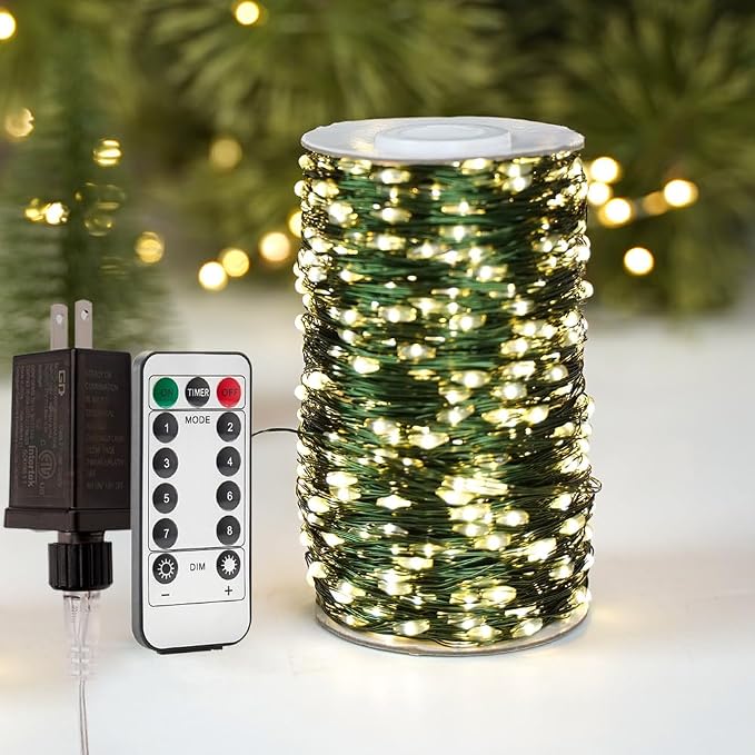 66FT Plug in Fairy Lights Warm White Green Wire LED String Lights 200 LED with Remote 8 Modes for Living Room, Christmas Tree, Patio, Garden, Wedding, Backyard