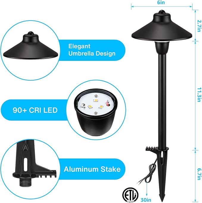 SUNVIE 4-Pack 6" Low Voltage Pathway Lights 3W Aluminum 3000K Black | Landscape Pathway Lights, 150lm, Warm White, 12-24V AC/DC, ETL Listed Wire, IP65 Waterproof, for Outdoor Driveway Garden Yard