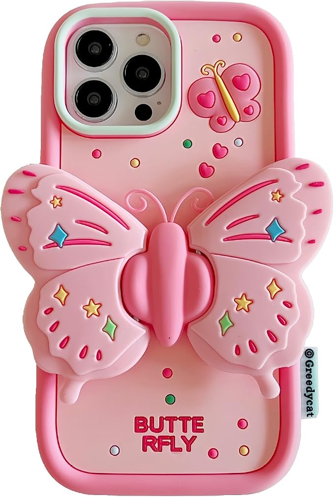 Kawaii Phone Case for iPhone 16 Promax with Kickstand 3D Cute Sweet Butterfly Silicone Protective Case Cover for Women & Girl