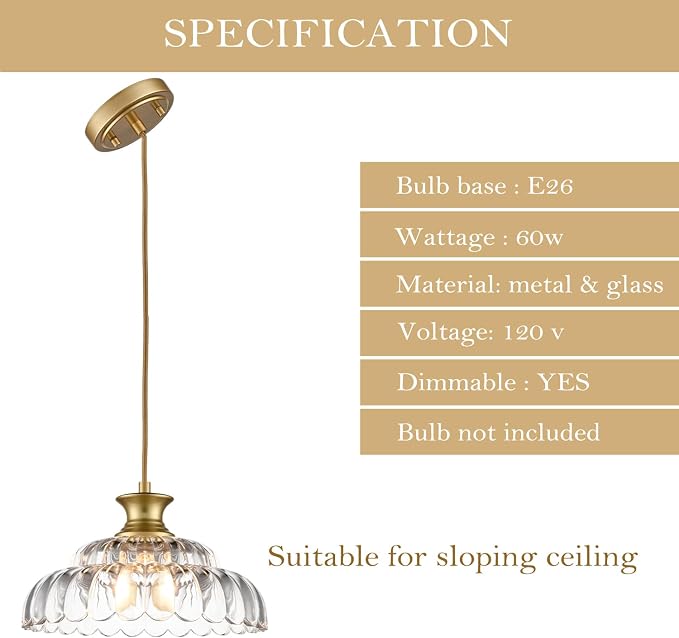 HYDELITE Vintage Gold Clear Glass Pendant Lights Kitchen Island | Brass Pendant Light Fixture Modern Hanging Light Fixture for Dining Room Bedroom Entryway