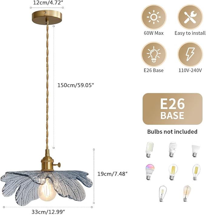 Vintage Glass Pendant Light Gold Brushed Brass Hanging Light with Blue Flower Glass Shade, Farmhouse Pendant Lighting for Kitchen Dining Room Bedroom, 1-Light