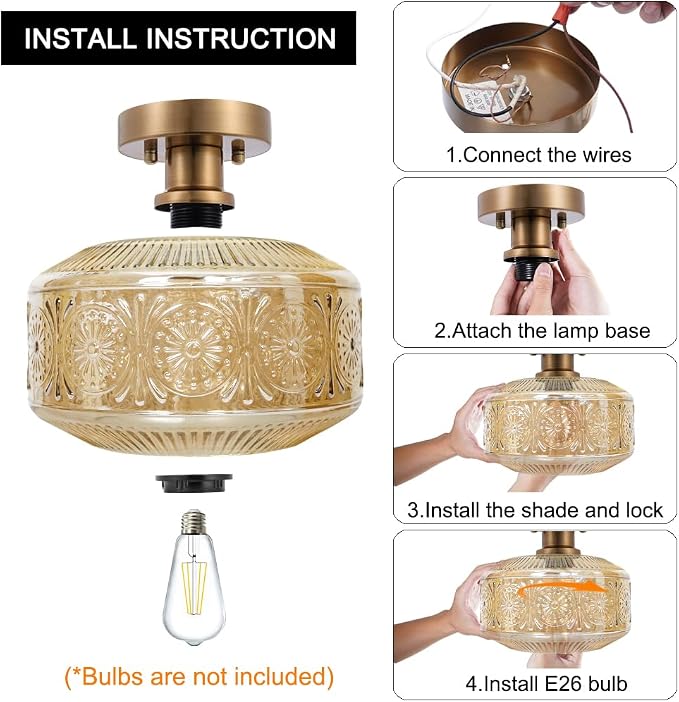 Semi Flush Mount Ceiling Light, Vintage Small Ceiling Light Fixture, Thickened Glass Hallway Lighting Fixture, Brass Kitchen Ceiling Mount Lighting with Amber Glass for Bedroom, Bathroom, Porch