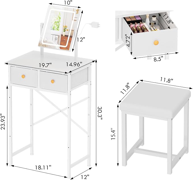19.7"W Small White Makeup Vanity Desk with Mirror and Light, Chair | Mini Vanity Set Table with Stool, Smart Adjustable Lighted Mirror for Kids, Girls, Bedroom, Corner, Small Space