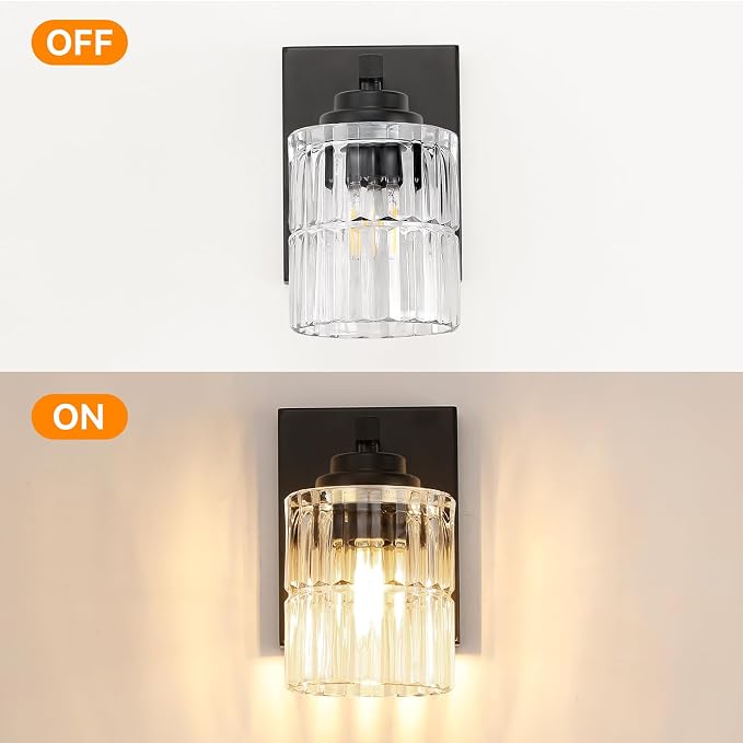 TALOYA Brushed Black 2 Pack Wall Sconces with Fluted Cylinder Glass Shade | Modern Vanity Lighting Fixtures, Bathroom Lights Over Mirror, Wall Mount Mirror Light Fixtures for Bathroom Hallway Bedroom