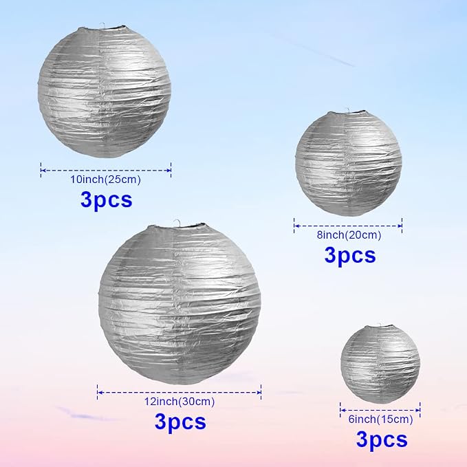 Silver Paper Lanterns 12 Pcs Assorted Size of 6" 8" 10" 12" Chinese Round Paper Hanging Decorations Ball Lanterns Lamps for Home Decorations, Parties, and Weddings