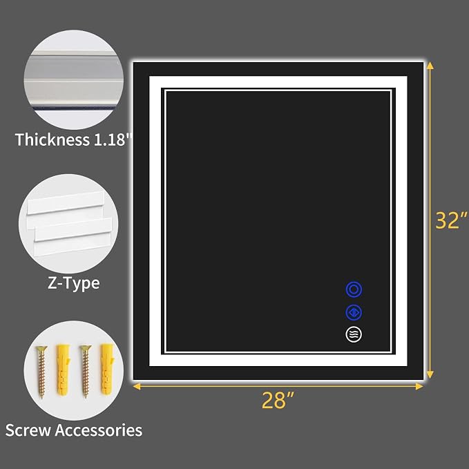 32"x28" LED Bathroom Mirror with Lights,Anti-Fog,3 Color Modes