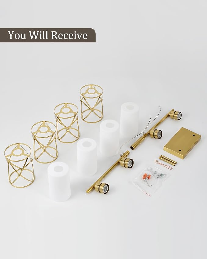 4-Light Brushed Gold Bathroom Light Fixtures with Milk Frosted Glass, 29" Modern Bathroom Vanity Lighting Fixtures Over Mirror with Metal Cage, Wall Sconce Lights for Bath, E26, CH9176BGW-4W
