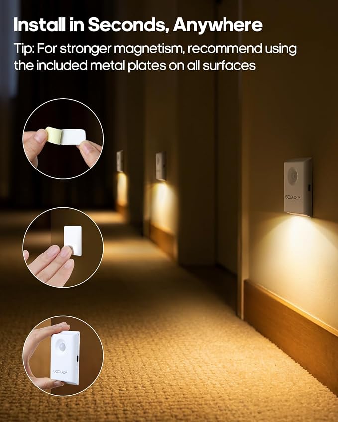 GOODEA 2-Pack Magnetic Motion Sensor Night Light with Rechargeable Battery | Portable Mini 3000K Warm White LED Nightlight, Dimmable Light for Stair, Bathroom, Hallway, Toilet, Bedroom, Cruise