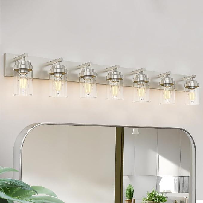IZORRO Bathroom Vanity Light Fixture, 7-Light 52 inch Brushed Nickel Bathroom Light Fixtures Over Mirror, with Clear Glass Shade, Modern Farmhouse Vanity Lights, Rustic Restroom Lighting Fixtures