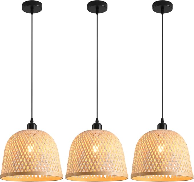 3-Pack Bamboo Pendant Light Mini Rattan Chandelier | 9.8" Boho Bamboo Rattan Pendant Lights,Hand Woven Rattan Chandelier for Kitchen Island Dining Bedroom Living Room