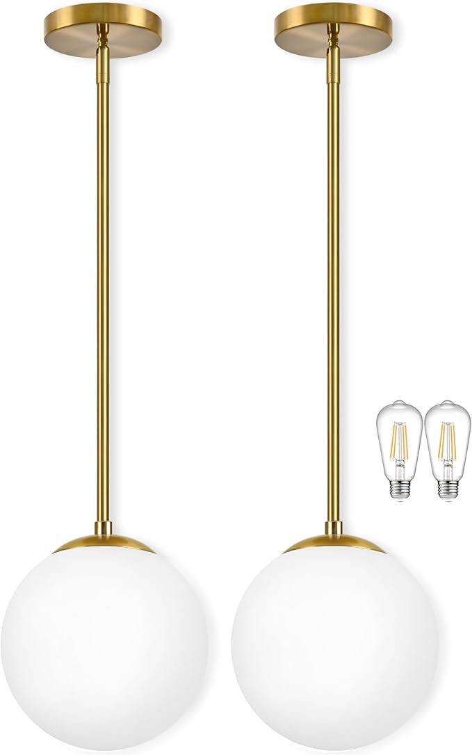10" Globe Pendant Light Gold 2 Pack Mid Century Pendant Light Globe Pendant Lights Kitchen Island Brushed Brass Finished with Milk Glass Adjustable Ceiling Light Fixtures for Dining Room Bar
