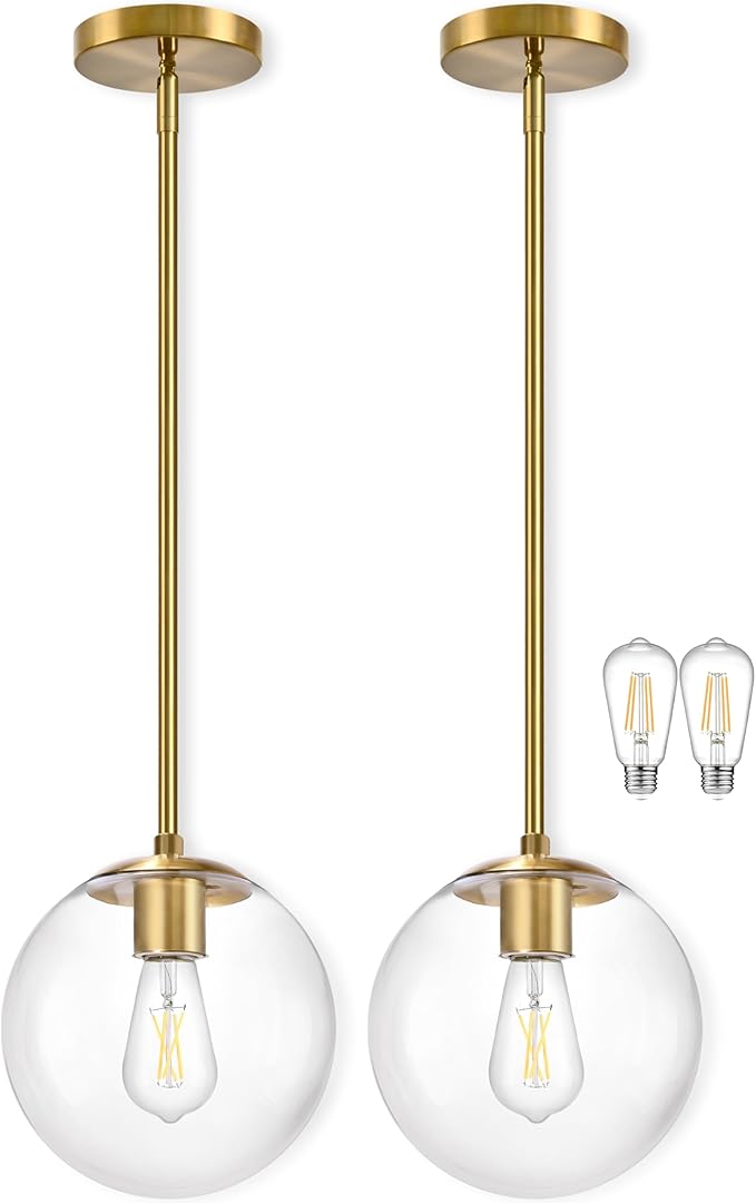 10" Globe Pendant Light Gold 2 Pack Mid Century Pendant Light Globe Pendant Lights Kitchen Island Brushed Brass Finished with Clear Glass Adjustable Ceiling Light Fixtures for Dining Room Bar