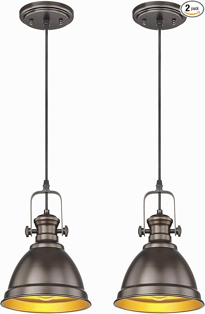 2-Pack Pendant Lights Kitchen Island, 8" Farmhouse Hanging Lights Fixtures with Metal Shade, Rustic Kitchen Pendant Lighting Over Island for Dining Room, Oil Rubbed Bronze, AD-2151-2PM-ORB