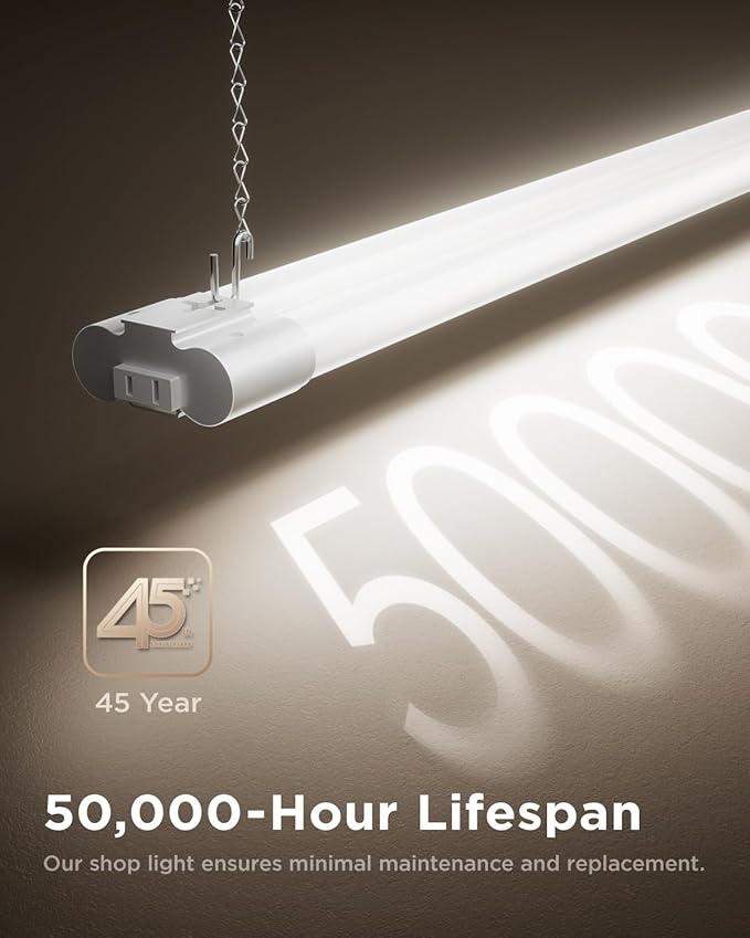Sunco 6 Pack LED Shop Lights 4FT, Plug in Linkable, White, 40W=150W | 5000K Daylight, 4500LM, Frosted Lens, Pull Chain, Hanging/Surface Mount, 48 Inch Utility Light Fixture for Garage, Workshop