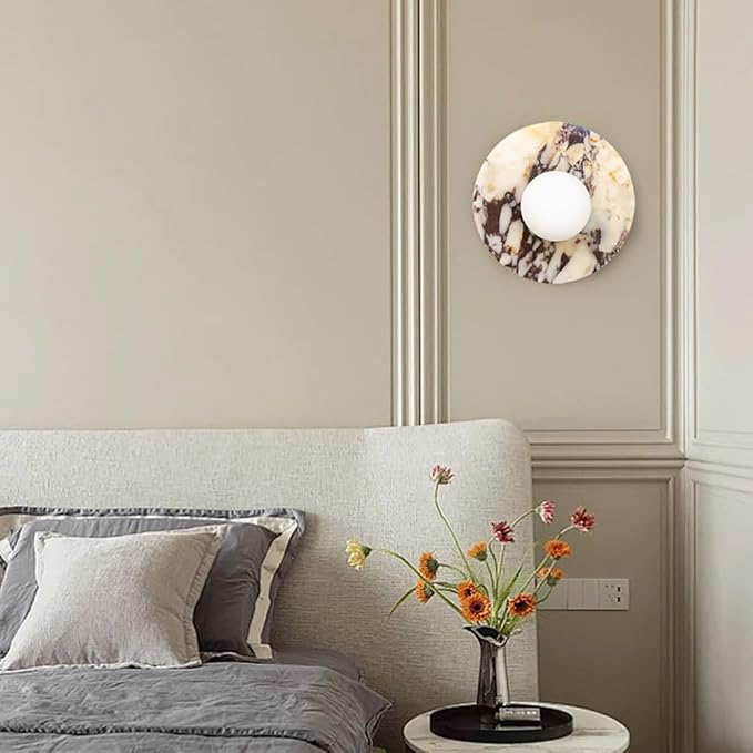 Alabaster Wall Sconces, 7.8 Inch Nordic Style Natural Stone Wall Lamp Round Marble Sconces Wall Lighting with Globe Glass Shade, Hardwired Indoor Wall Lights for Living Room Bedroom Hallway Stairs