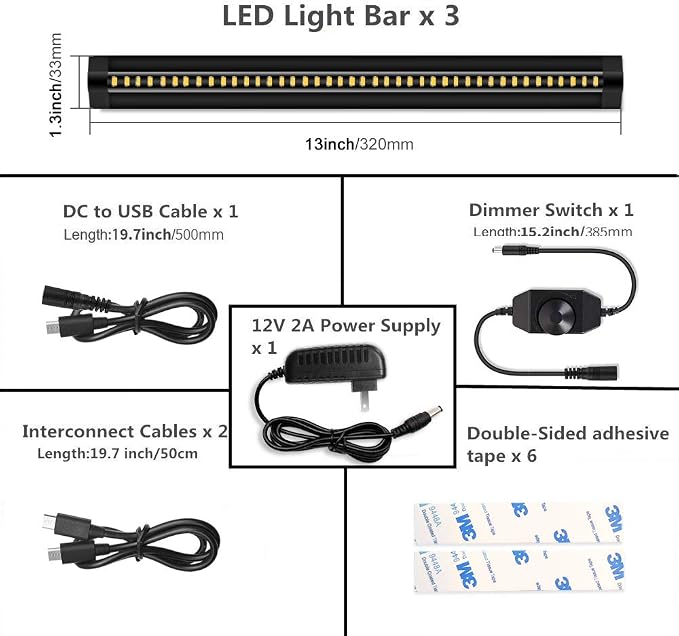 inShareplus LED Under Cabinet Lighting, 13 inch Dimmable, Warm White 3500K, CRI90+, 450Lumens, DC 12V Ultra Thin Under Counter Kitchen Lighting for Kitchen, Shelf, Cupboard, Black, 3 Pack