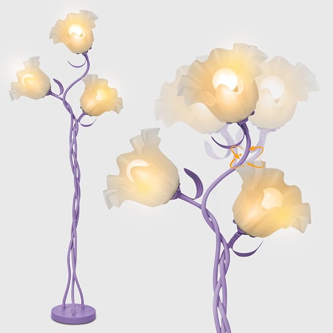 Flower Floor Lamp for Living Room, Tall Cute Reading Lamp with Flexible Neck Shaft for Bedroom Decor, Modern Corner Floor Lamps with 3-Color Temperatures LED Bulb (Purple)