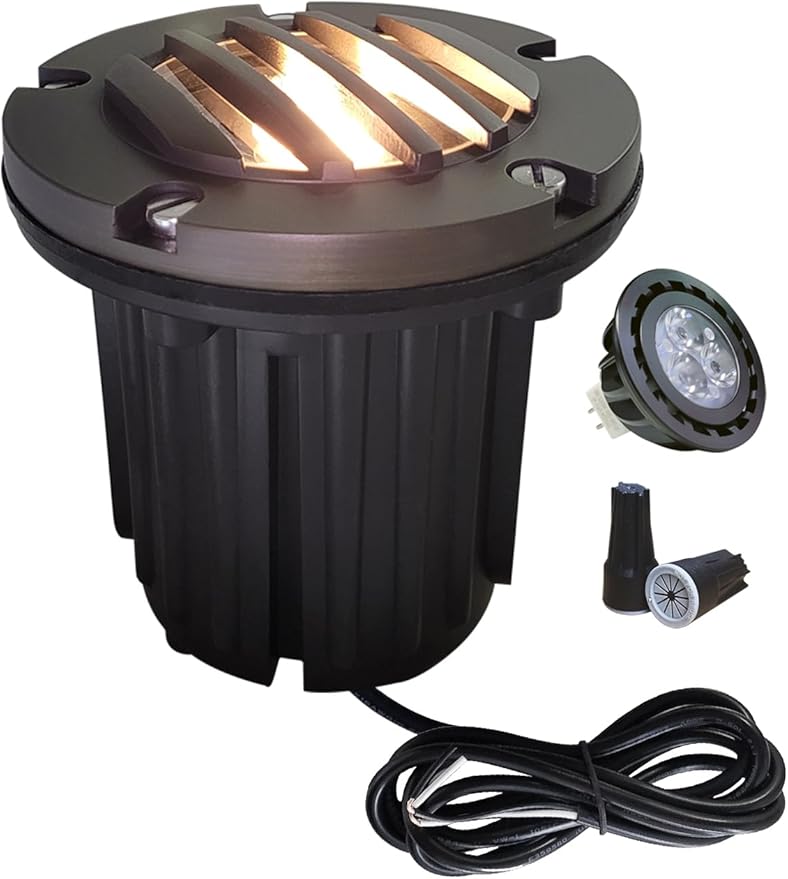 MALORY Low Voltage Landscape Well Lights, (φ126 mm) Brass Top Cover | 12V Outdoor In Ground Lights,Waterproof Uplight,Grated Top, 5W MR16 Bulb ,for Landscaping,Pathway, Driveway, Deck,Garden