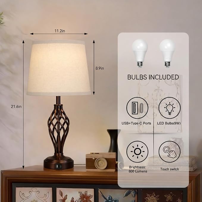 Ruiever Touch Table Lamps Set of 2, nightstand lamp with USB Ports Bedside 3 Way Touch dimmer Desk lamp for Living Room Bedroom,Brown Painted Spiral cage Base Design Warm White dimmer Bulbs Included.