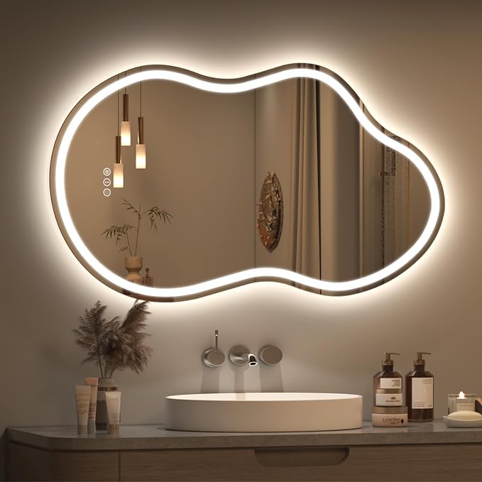 SMIROR 24x36 Irregular Led Lighted Bathroom Vanity Mirror | Asymmetrical, Cloud Shape, Front lighted + Backlit, Anti-Fog, 3 Colors, Dimmable, Memory, Tempered Glass, UL