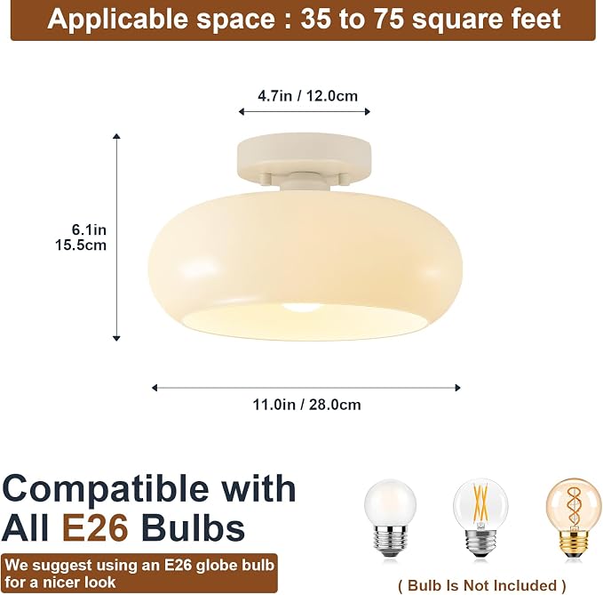 WOKNOS Mid-Century Modern Cream White Semi Flush Ceiling Light 11.0 Inch | Small Glass Shade Close to Ceiling Lighting Fixture Kitchen Entryway Hallway Bathroom Closet Bedroom Laundry Room