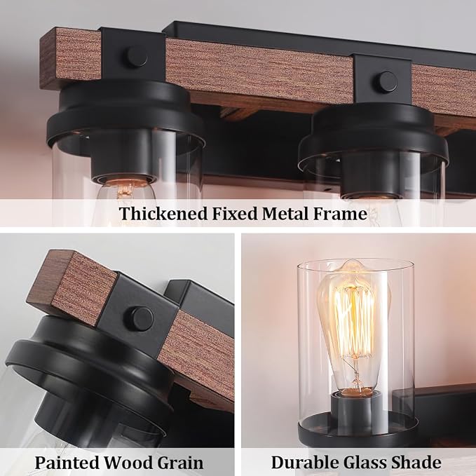 3-Light Farmhouse Vanity Lights Bathroom Lighting Fixtures Over Mirror | Faux Wood Rustic Wall Mount Light with Clear Glass Shade,Industrial Black Metal Wall Sconces for Bathroom Living Room