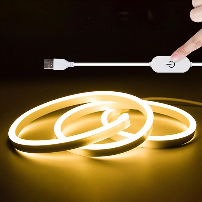 6.6FT Warm Neon Light Strip, 5V USB White Led Strip Lights with Touch Controller, Flexible Neon Rope Light for Bedroom, Party, Home Decor, Poster Lights