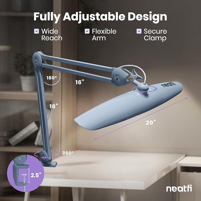 Neatfi XL 2200 Lumens 24W LED Desk Lamp – Shadow-Free Task Lighting | 4-Level Dimming | Home Office & Crafts Use | 20-Inch Wide Head (Gray, Non-CCT with Clamp)