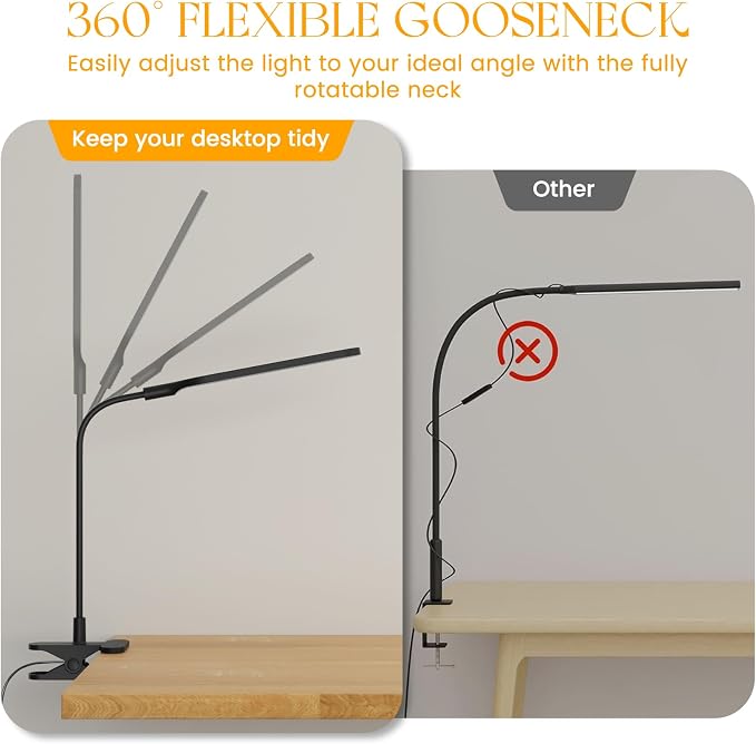 LED Clip on Light, 3 Color Modes & 10 Brightness Levels, 360° Flexible Gooseneck Clamp Lamp, Ultra Wide Brightness Range, USB Eye-Caring Table Light for Home Office/Reading/Painting, Black