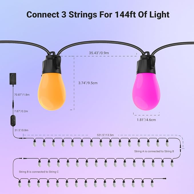 NEEWER NR01 144ft Outdoor String Lights App Control Smart AI RGB IC W Light | Patio Balcony Backyard Outside Hanging Lighting, IP65 Waterproof, 45 LED Bulbs, 50+ Scenes, Compatible with Alexa Google