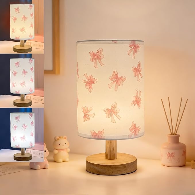 Pink Bow Bedside Table Lamp for Bedroom,Kids Room Decorative Lights 3 Colors Dimmable Nightstand Night Light with Flaxen Fabric Shade Desk Lamp for Girls Boys Birthday Gifts for Home Living room Decor