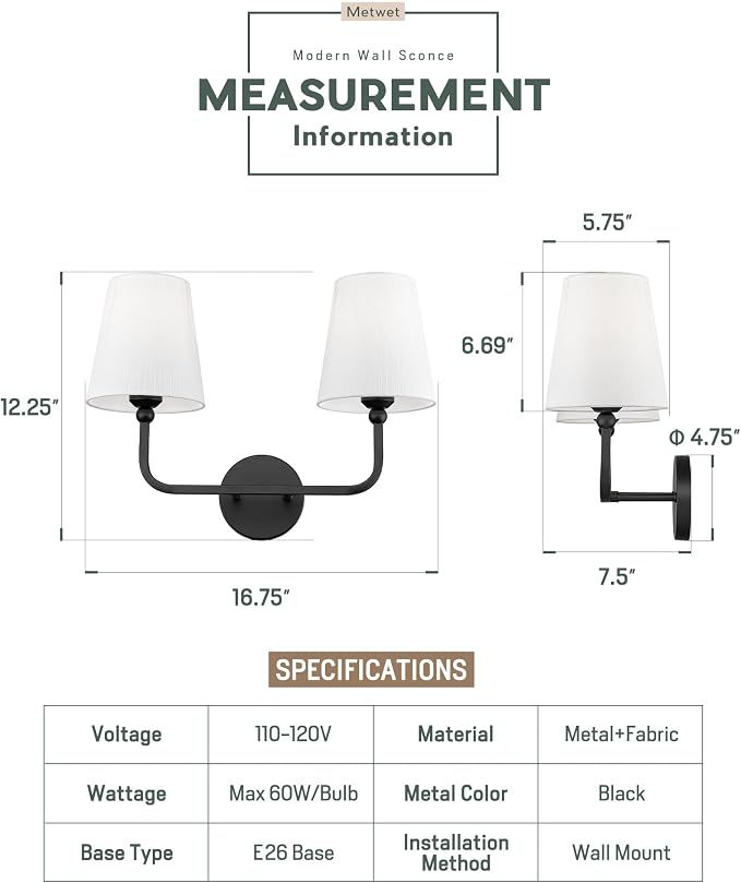 2-Light Bathroom Light Fixtures, Matte Black Vanity Lights, Double Wall Sconce with Flared White Fabric Shade, Modern Sconces Wall Lighting for Hallway Bedroom Stairway, VL837-MB-2-S