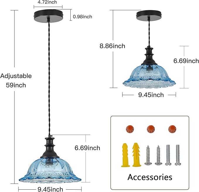 HDDFL Glass Pendant Lights Modern Pendant Lighting Fixtures Hanging Lamp for Kitchen Island Bedroom Dining Room Coffee Shop Hallway Blue and Black