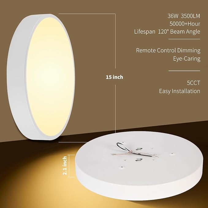 Flush Mount Ceiling Light Fixtures White LED Dimmable 5CCT 15In 36W | 2700K, 3000K, 3500K, 4000K, 5000K, with Remote Control,Iron, IP40, For Bedroom, Kitchen, Entryway, Closet & Hallway, ETL