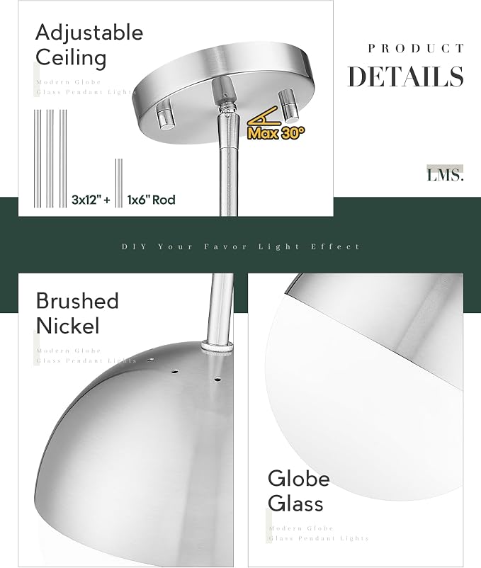 2 Pack Modern Pendant Lights, Mid Century Brushed Nickel Kitchen Lighting with White Globe Glass Shade, Adjustable Hanging Light Fixtures Ceiling Light for Home Office Dining Room, LMS-186BN2PK