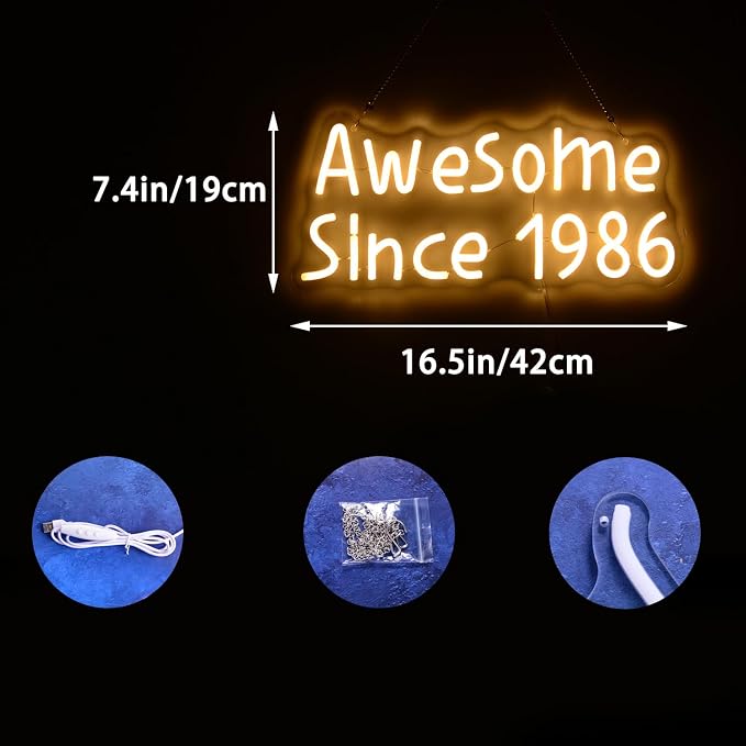 Awesome Since 1986 Neon Sign Happy 40 Years Old Birthday LED for Men Women | Warm White Forty Glowing Light for 40th Wedding Anniversary Party Decorations