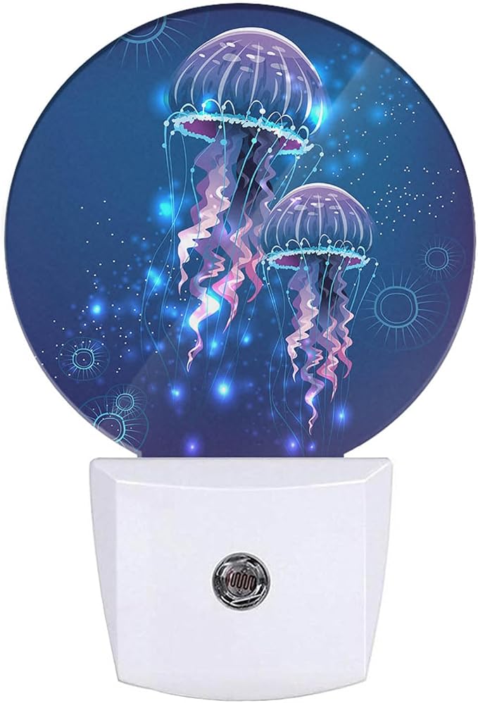 Jellyfish Nightlight Exotic Sea Ocean Creature Aquatic Animals Night Lights Plug into Wall Dusk to Dawn Sensor Round Night Light for Adults Boys Girls, 0.5W Energy Efficient