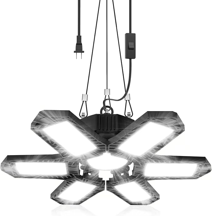 SEOBIOG Plug in Garage Light, 20000LM Shop Light 6500K Bay Lighting | 200W Ultra Bright, 6 Deformable Panels, Built-in Outlet, for Garage Workshop Basement