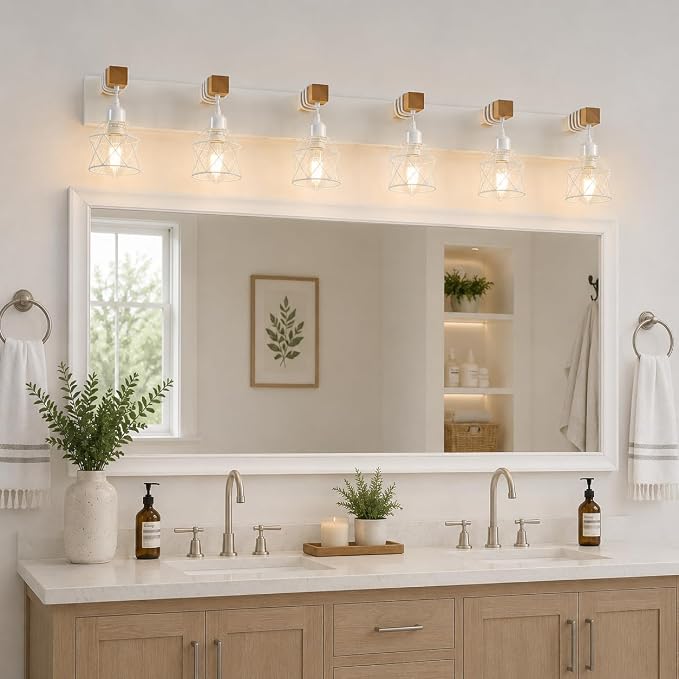 Farmhouse Vanity Light Fixture,6-Light Bathroom Lighting,White Modern Wood Wall Light Over Mirror with Metal Shade,LED Bulbs Not Included