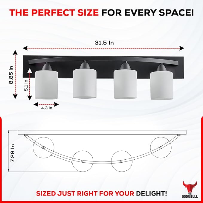 4-Light Bathroom Vanity Bar Light Fixture - Matte Black | Modern Frosted glass shades with E26 socket. Matte Wall sconce lighting perfect over mirror, kitchen, hallway, or entryway