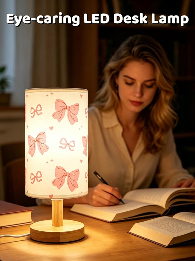 Pink Bow Table Lamp,Kids Bedside Lamp for Bedroom Girls Decorative Lights 3 Colors Nightstand Night light with Linen Lampshade Desk Lamp for Boys Girls Birthday Gifts for Home Office Living room Decor