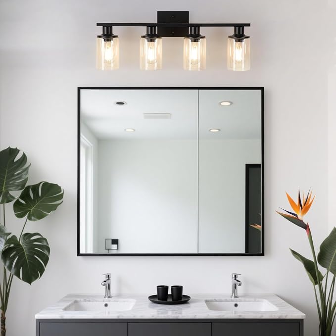 Matte Black Bathroom Light Fixtures Over Mirror,4-Light Bathroom Vanity Light with Clear Glass Shade,Modern Farmhouse Wall Sconces Lighting for Mirror Kitchen Living Room Cabinet