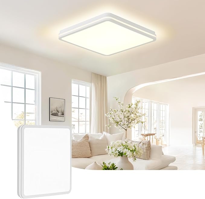 18 Inch LED Flush Mount Ceiling Light, White Ceiling Light Fixture with Side Light, 50W,4500LM, 2700K/4000K/6000K CCT Selectable, Square Lamp for Bathroom, Closet, Kitchen, Hallway, Bathroom
