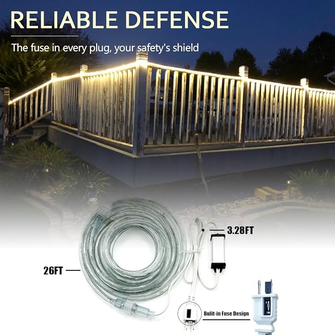 26FT LED Rope Lights Indoor Outdoor, Warm White Waterproof for Patio, Staircase, RV Camping - Flexible Linkable Lighting with Clips, Under Cabinet, Pathway, Garden & Christmas Decoration