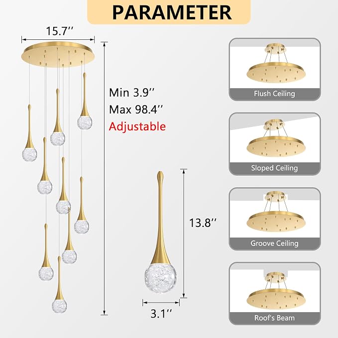 9 Light Modern Glam Crystal Chandelier for High Ceiling LED Dimmable Ceiling Pendant Light Staircase Foyer Enterway Living Room Chandelier Lighting Antique Gold